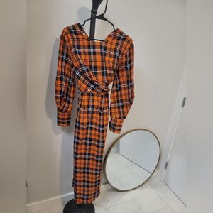 STAUD Orange and Black Plaid Midi Dress